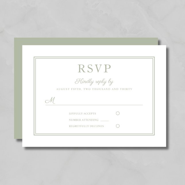 Cartão de Resposta de Casamento em Verde Oliva com (Modern Elegant Script Sage Green Wedding RSVP Card)