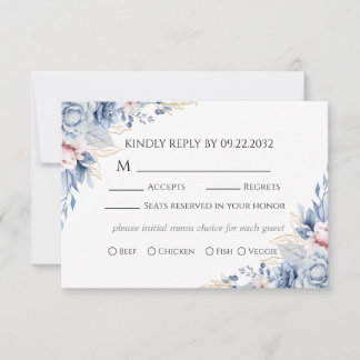 Cartão de Resposta de Casamento Floral Azul Empoei