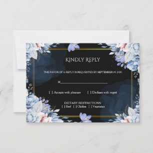 Cartão de Resposta de Casamento Floral Azul Empoei