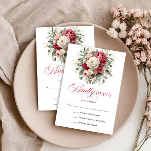 Cartão de Resposta de Casamento Floral Boho Vermel