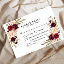 Cartão de Resposta de Casamento Floral Bordeaux Bl