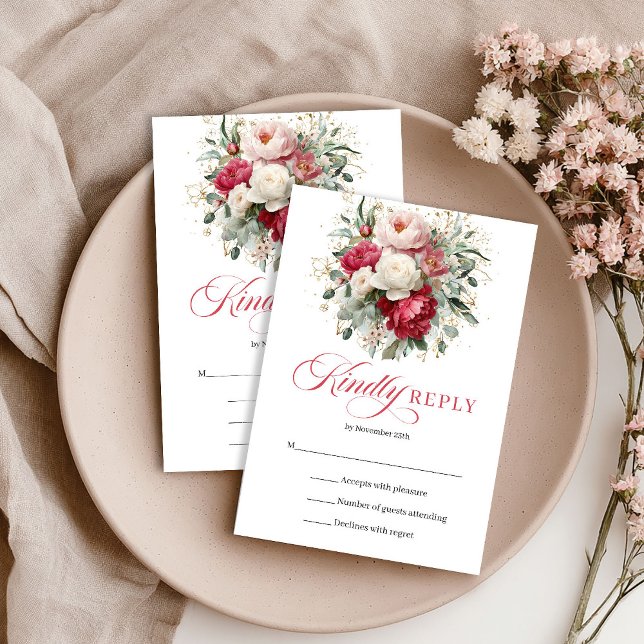 Cartão de resposta de casamento floral branco com  (Blush white floral wedding RSVP card custom print

)