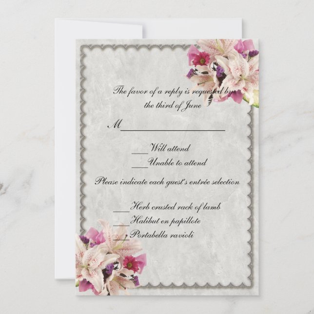 Cartão de Resposta de Casamento Floral de Mármore  (Frente)