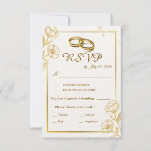 Cartão de Resposta de Casamento Floral Dourado Ele