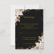 Cartão de Resposta de Casamento Floral Preto e Dou