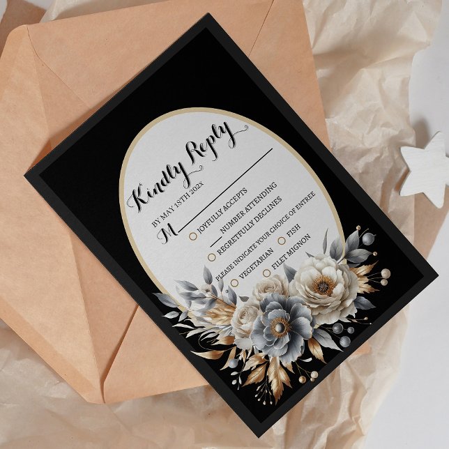 Cartão de Resposta de Casamento Floral Preto Elega (Elegant Black Gold Floral Wedding RSVP Card)