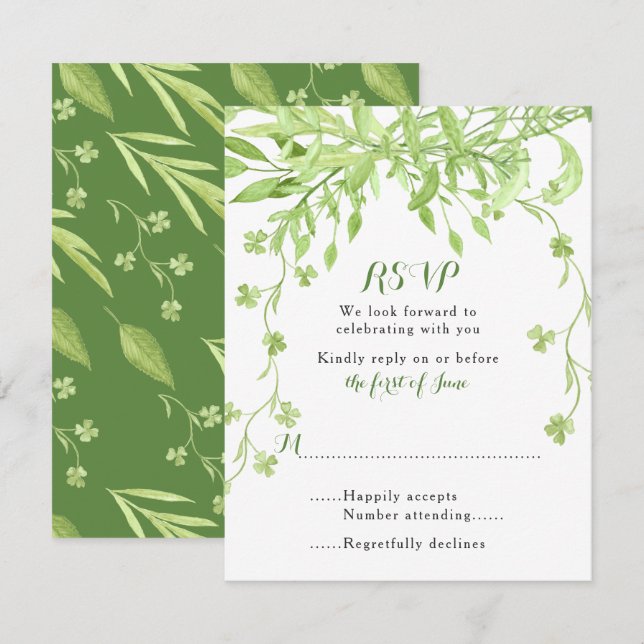 Cartão de Resposta de Casamento Floral Trevo Verde (Frente/Verso)