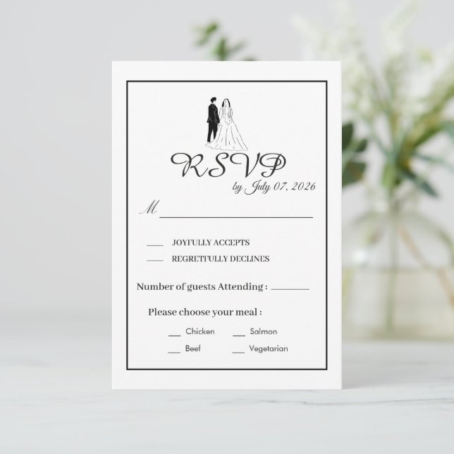 Cartão de Resposta de Casamento Monocromático Mini (Em pé/Frente)