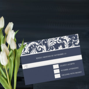 Cartão de Resposta de Casamento Navy Damask Swirls