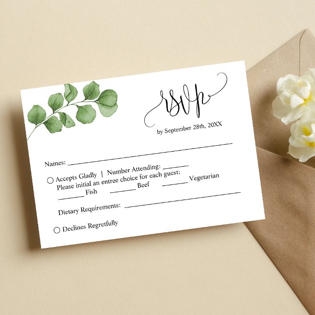 Cartão de Resposta de Casamento Personalizado com  (Simple eucalyptus leaves custom RSVP card keeps responses organized with a fresh natural feel)