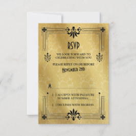 Cartão de Resposta de Casamento Preto Dourado Art