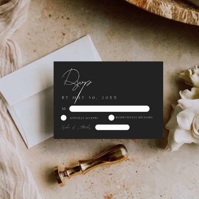 Cartão de Resposta de Casamento Preto e Branco Mod (Modern Elegant Black White Wedding RSVP Card)
