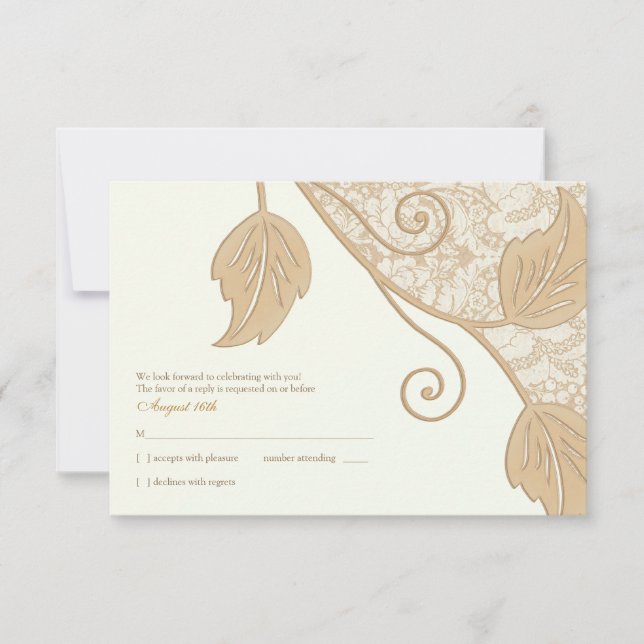 Cartão de Resposta de Casamento Renda e Folhas Ant (Frente)