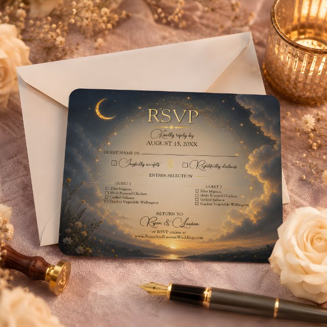 Cartão de Resposta de Casamento Romance Celestial (Celestial Romance Wedding RSVP Card)
