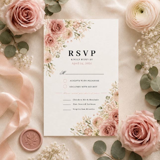 Cartão de Resposta de Casamento Rosa Desbotado (Elegant flat lay showcasing our Dusty Rose Romance RSVP card on premium ivory cardstock.)
