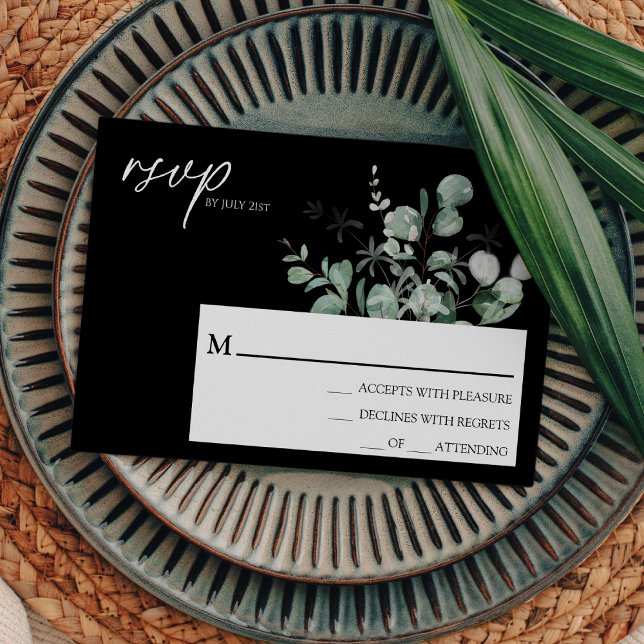 Cartão de Resposta de Casamento Simples Preto com  (Criador carregado)