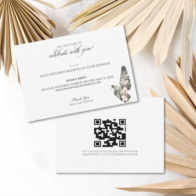 Cartão de Resposta de Casamento Tropical de Palma  (RSVP card with an area to add your QR Code to link to your wedding website)