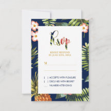 Cartão de Resposta de Casamento Tropical Dourado d