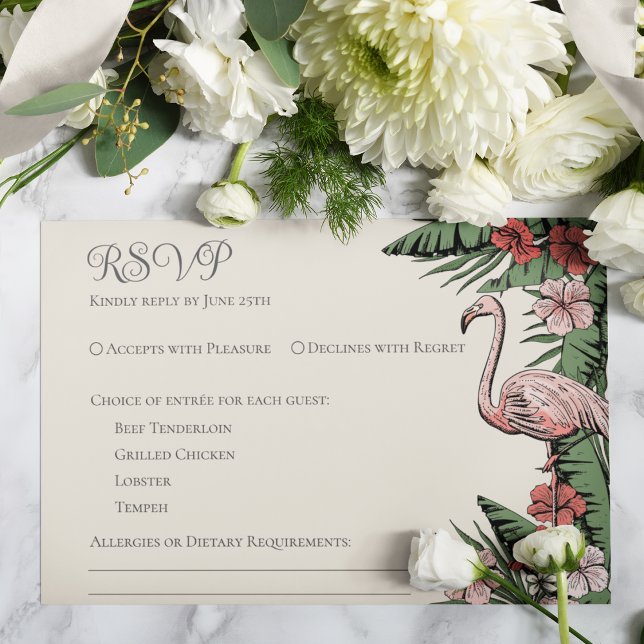 Cartão de Resposta de Casamento Tropical Marfim (Elegant & Chic Ivory Floral Flamingo Tropical, Summer or Beach Wedding RSVP Response Card. )