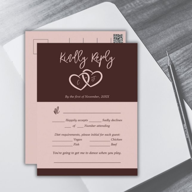 Cartão de Resposta de Escolha de Menu Elegante 2 C (Elegant 2 Hearts Sienna Red Menu Choice RSVP Card)