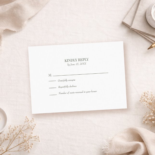 Cartão de Resposta de Monograma Minimalista Branco (Modern Olive Green Custom Photo Wedding RSVP Card on a boho table)