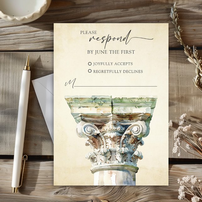 Cartão de Resposta de RSVP de Casamento de Coluna  (Watercolor Greek Column Wedding RSVP Response Card)