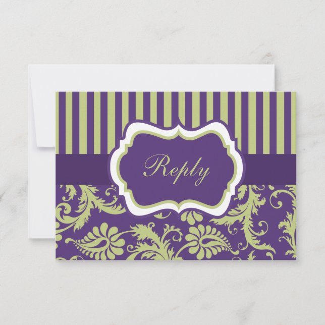 Cartão de Resposta de RSVP em Damasco Roxo, Verde  (Frente)