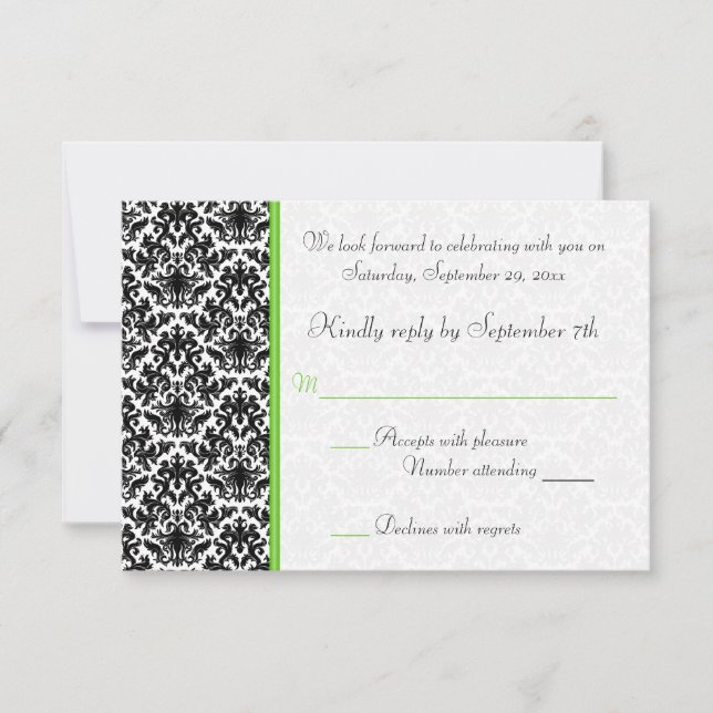 Cartão de Resposta em Damask Preto, Branco e Verde (Frente)