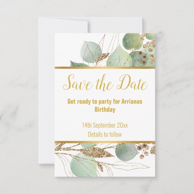 CARTÃO DE RESPOSTA EUCALIPTO Dourado Branco RSVP (Frente)