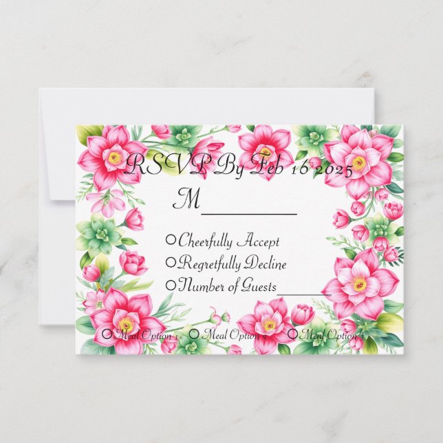 Cartão de Resposta Flor Rosa Com Opções de Refeiçã (Frente)