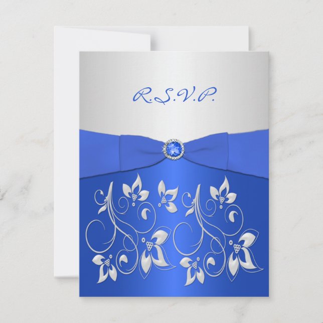 Cartão de Resposta Floral Azul Cobalto e Prata (Frente)