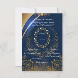 Cartão de Resposta Floral Azul e Dourado Elegante 