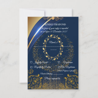 Cartão de Resposta Floral Azul e Dourado Elegante