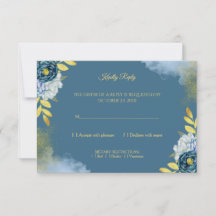 Cartão de Resposta Floral Azul Royal Ouro Elegante