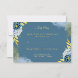 Cartão de Resposta Floral Azul Royal Ouro Elegante