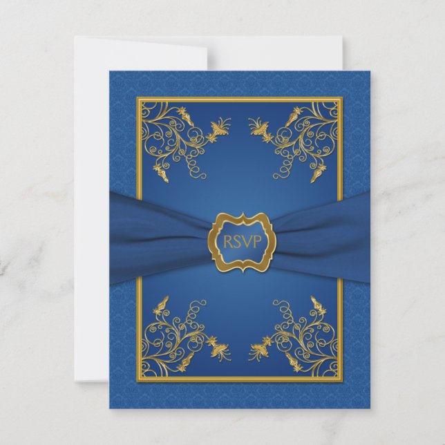 Cartão de Resposta Floral Dourado e Damask Azul (Frente)