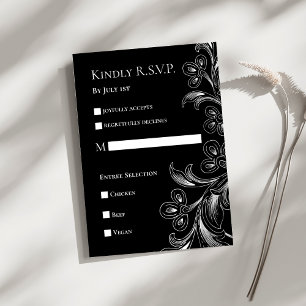 Cartão de Resposta Floral Elegante Preto e Branco 