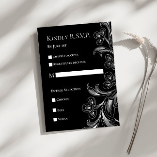 Cartão de Resposta Floral Elegante Preto e Branco