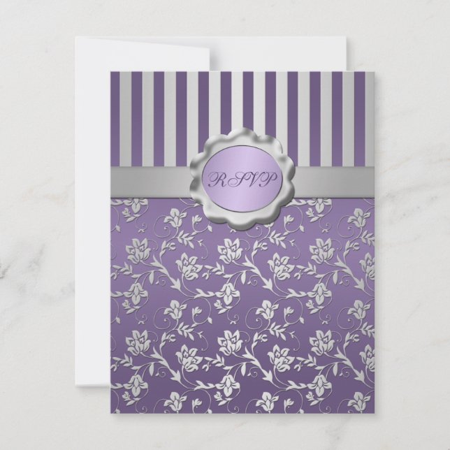 Cartão de Resposta Floral Listrado Roxo e Cinza (Frente)