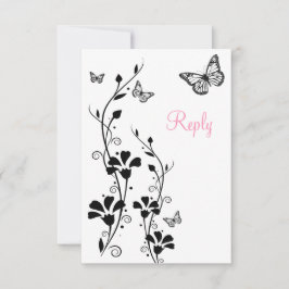 Cartão de Resposta Floral Preto e Branco com Borbo