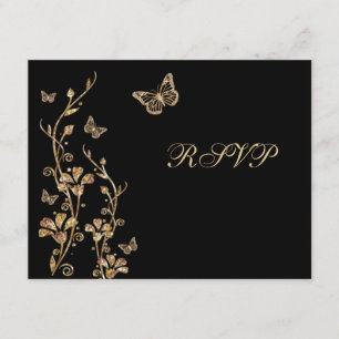 Cartão de Resposta Floral Preto e Dourado com Borb