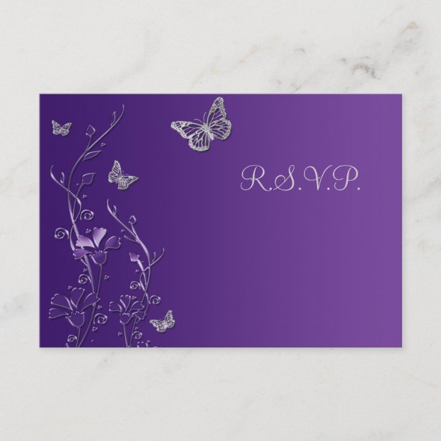 Cartão de Resposta Floral Roxo e Cinza com Borbole (Frente)