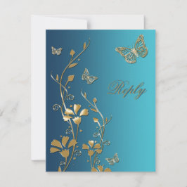 Cartão de Resposta Flores e Borboletas em Azul Tea