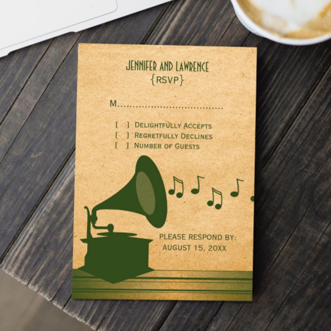Cartão de Resposta Gramofone Verde Vintage (Green vintage gramophone wedding response card)