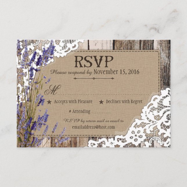 Cartão de Resposta Lavanda com Flores de Madeira e (Frente)