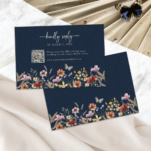 Cartão de Resposta Navy Blue Boho Wildflower