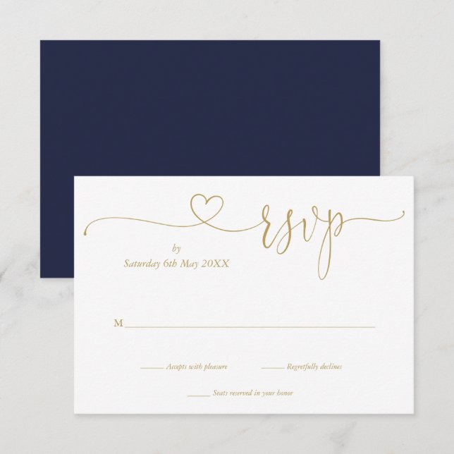 Cartão de Resposta Navy e Dourado Elegante com Cor (Frente/Verso)