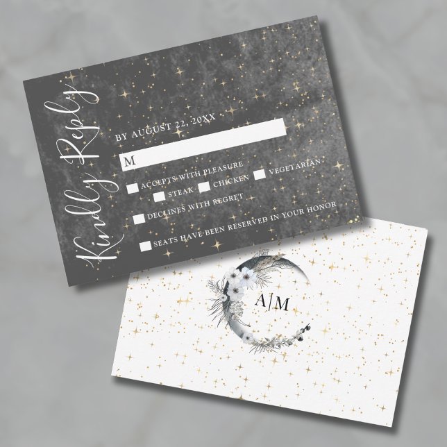Cartão de Resposta para Casamento Celestial Cresce (Crescent Moon Gold Celestial Wedding RSVP Card)
