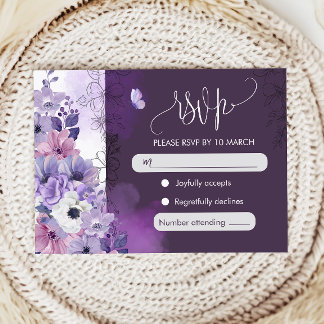 Cartão de Resposta para Casamento com Floral Roxo