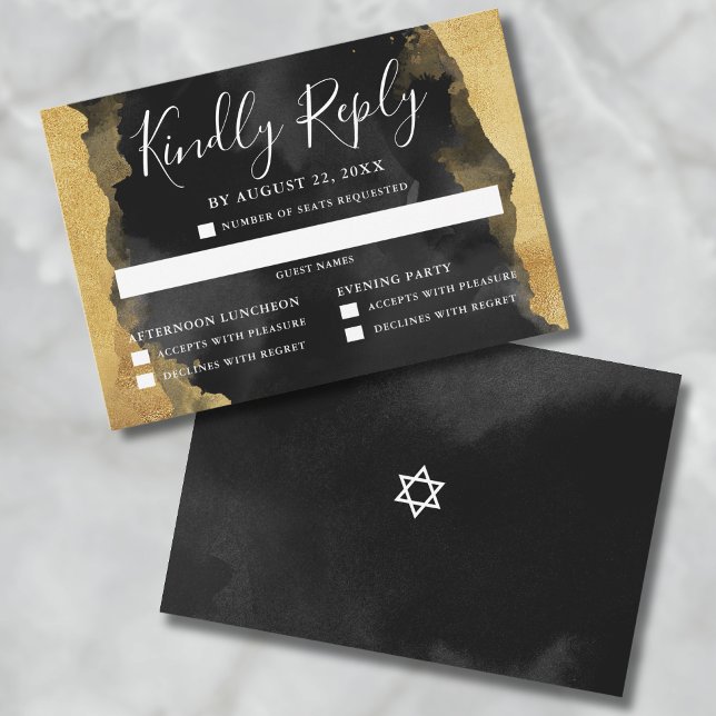Cartão de Resposta para Convite de Mitzvah com Aqu (Gold Watercolor Bar Bat Mitzvah Reply RSVP Card)